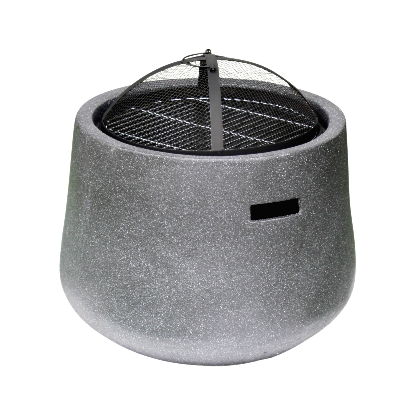 A round grey firepit with black grate on a white background.