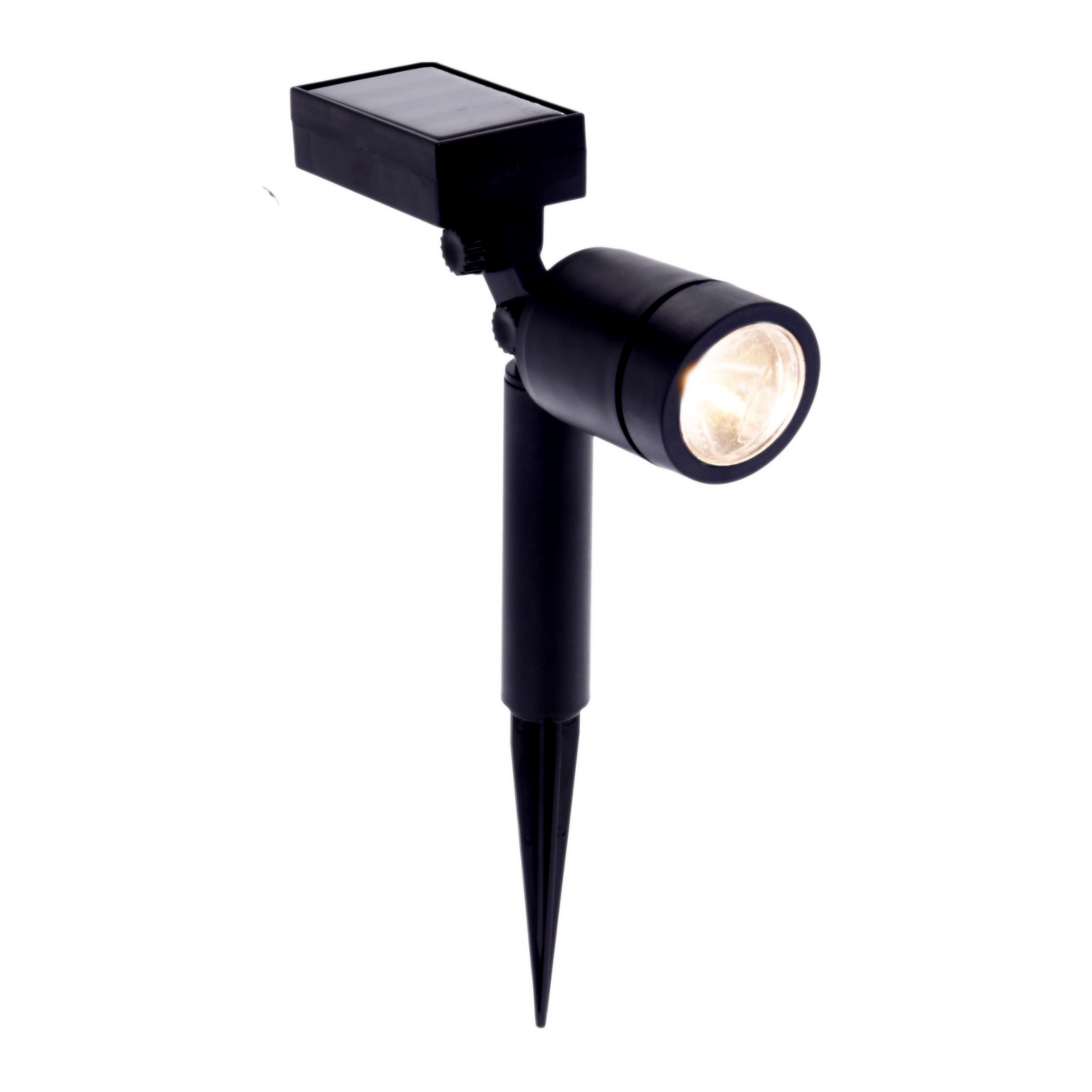 A black illuminated stake garden light with a solar panel on a white background.