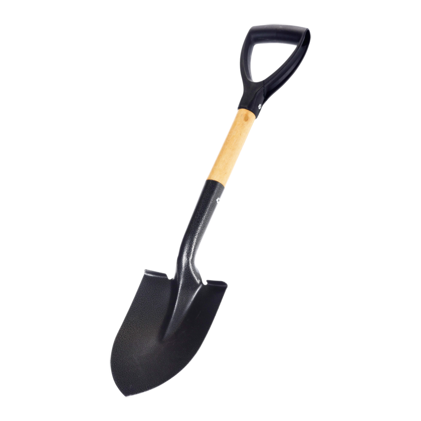 A black metal spade with a wooden handle on a white background.