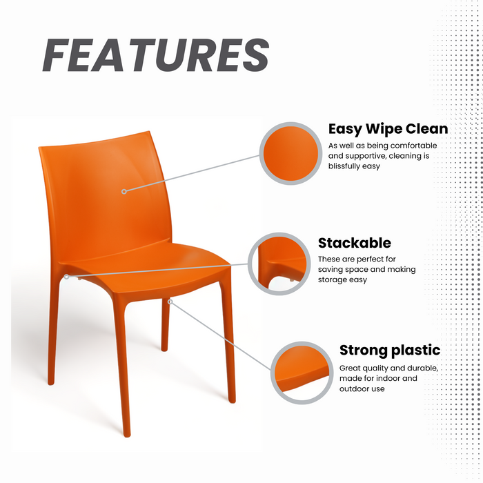 Sunlit Haven Set of 4 Vibrant Orange Zip Plastic Chairs - Indoor/Outdoor Use - Assembled Stackable & Easy Clean