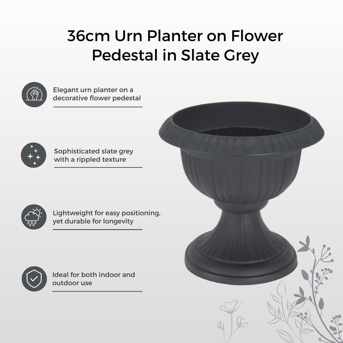 Large 36cm Urn Planter on Flower Pedestal, Grey Rippled Plastic Plant Pot