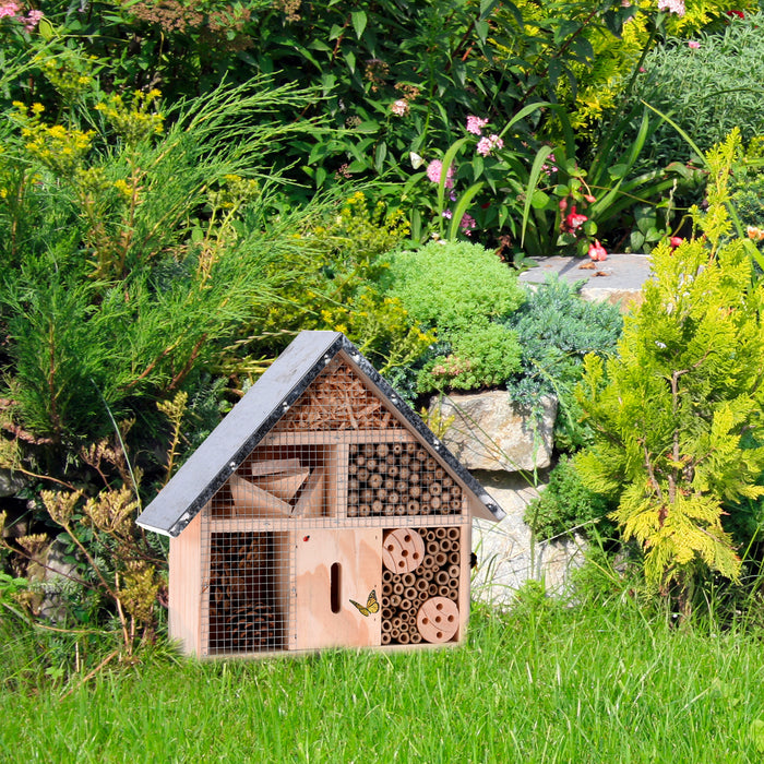 28cm Wooden Insect Hotel for Garden with Metal Roof Nesting Shelter fo ...