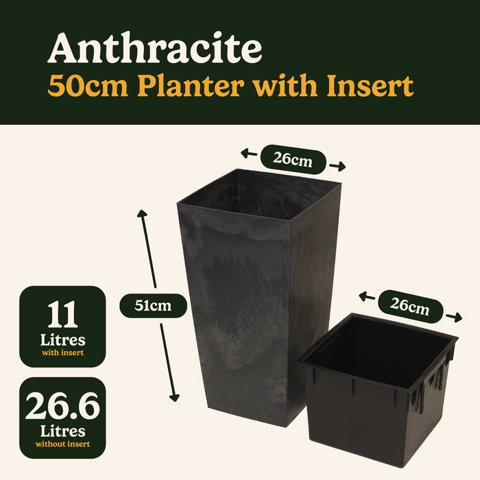 Planters Pride Tallo 51cm Tall Square Plastic Planter with Insert, Anthracite