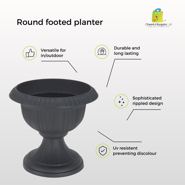 Large 36cm Urn Planter on Flower Pedestal, Grey Rippled Plastic Plant Pot