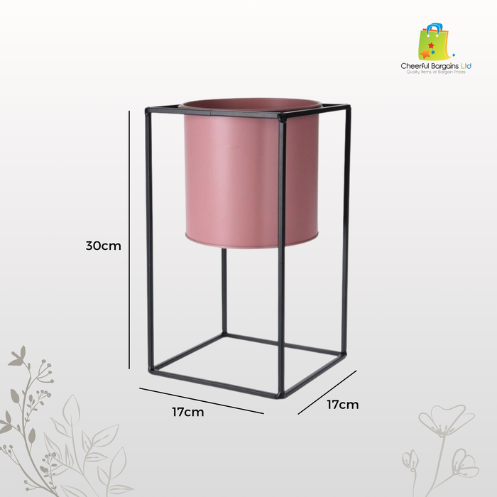 OSG 30cm Tall Raised Indoor Metal Plant Pot On Stand Pink 15cm ⌀ Flower Pot