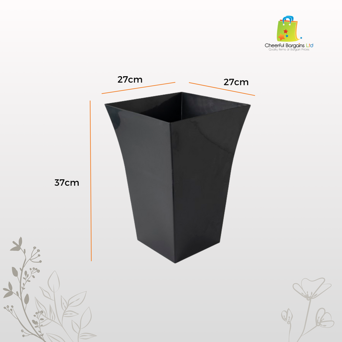 OSG 37cm Tall Flared Plant Pot, Jet Black Plastic Square Garden Planter