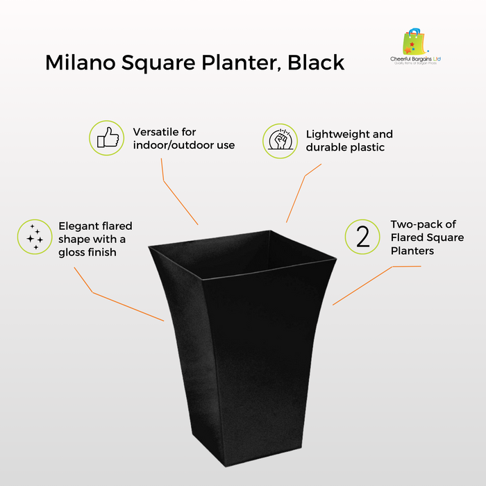 OSG 37cm Tall Flared Plant Pot, Jet Black Plastic Square Garden Planter