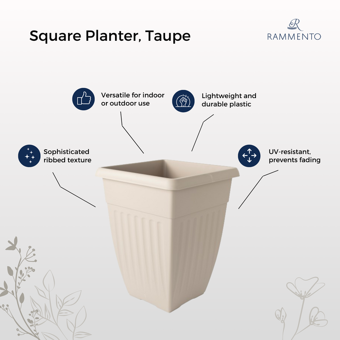 OSG 42cm Extra Tall Garden Planter, Taupe | Plastic Ribbed Square Plant Pot