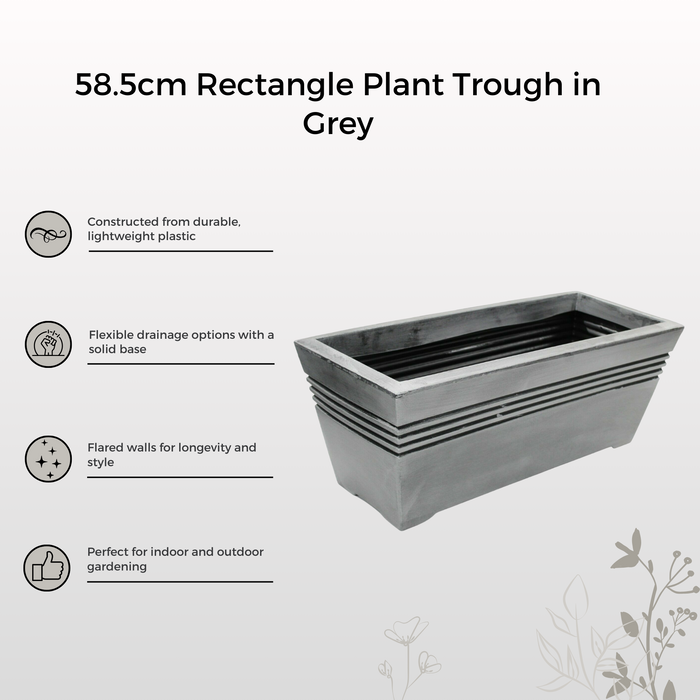 58cm Large Rectangle Plastic Plant Trough, Grey Indoor/Outdoor Planter