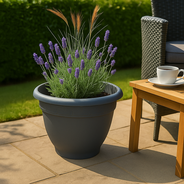 44cm Large Slate Grey Plastic Bellpot Planter, 28L Rippled Gardening Plant Pot