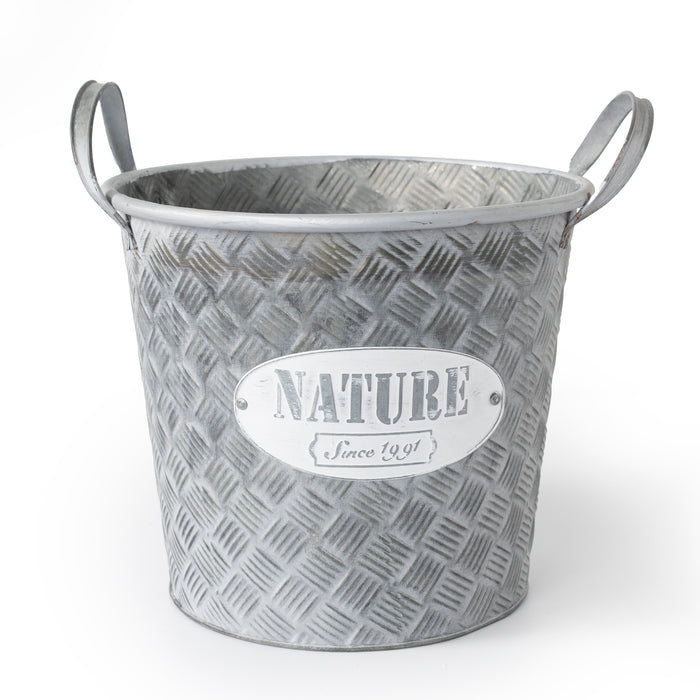 25cm Zinc Planter Bucket, Silver | 10L Retro Metal Planter with Handles