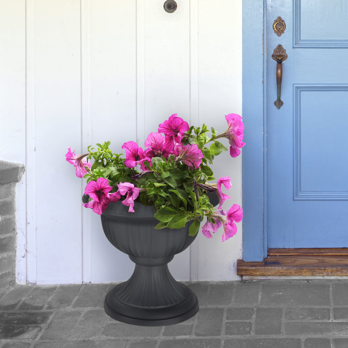 Large 36cm Urn Planter on Flower Pedestal, Grey Rippled Plastic Plant Pot