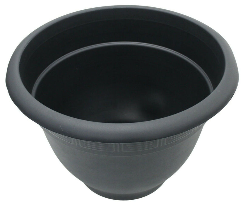 Large 44cm Round Black Barrel Planter Plastic Plant Pot With Design Round Rim