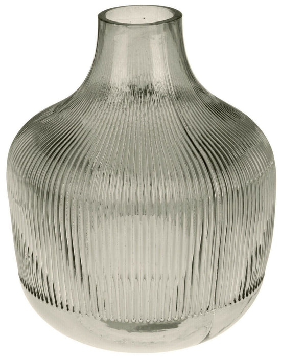 Wide Glass Flower Vase Tinted Grey 23cm Round Bottle Neck Vase Ribbed Design