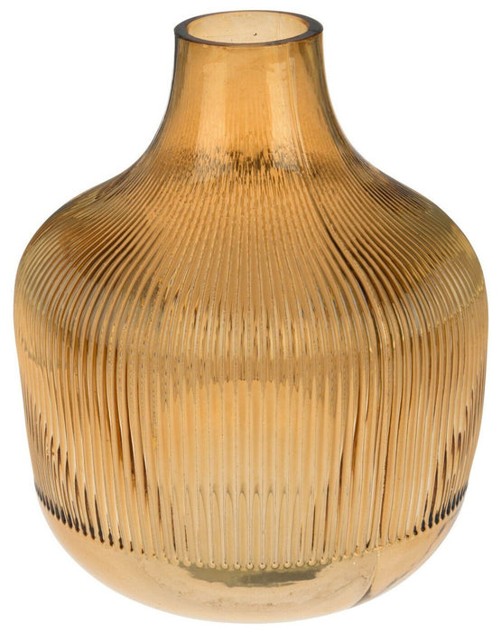 Wide Glass Flower Vase Tinted Brown 23cm Round Bottle Neck Vase Ribbed Design