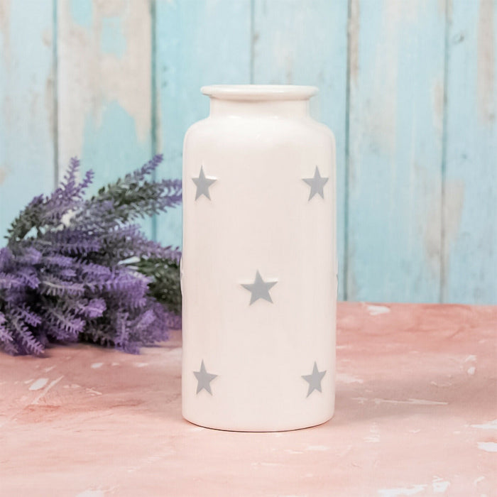 22cm Tall White Flower Vase With Grey Stars Decorative Ceramic Cylinder Vase