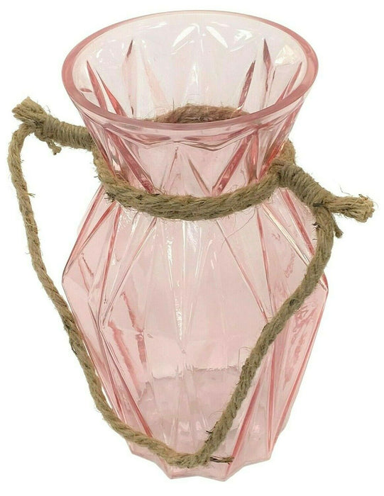 23cm Glass Pink Transparent Angular Geometric Decorative Flower Vase With Rope