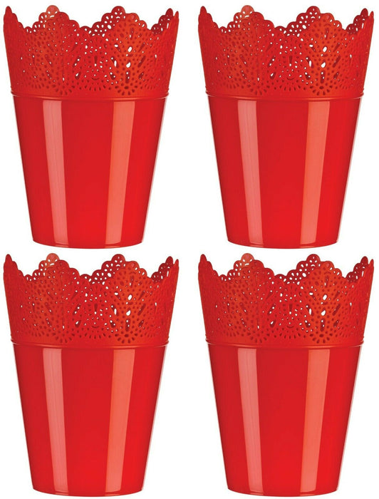 Set of 4 Red Plastic Flower Plant Pots 14cm Tall Planters W Frilled Lace Effect