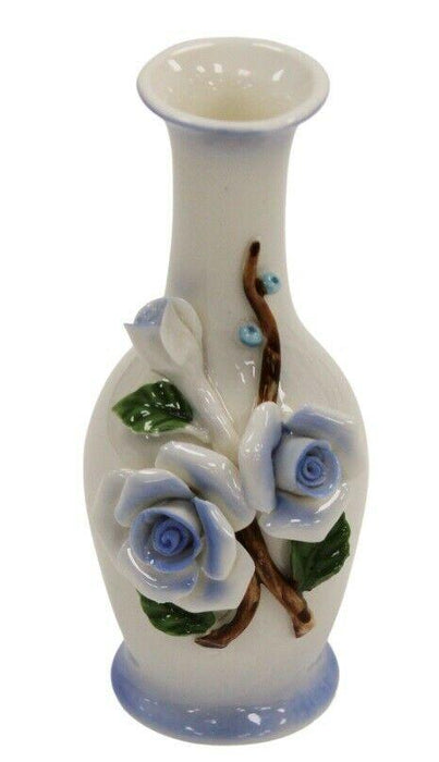 14cm Ceramic Bud Vase - White & Blue 3D Flower Design Thin Bottle Neck Ornament