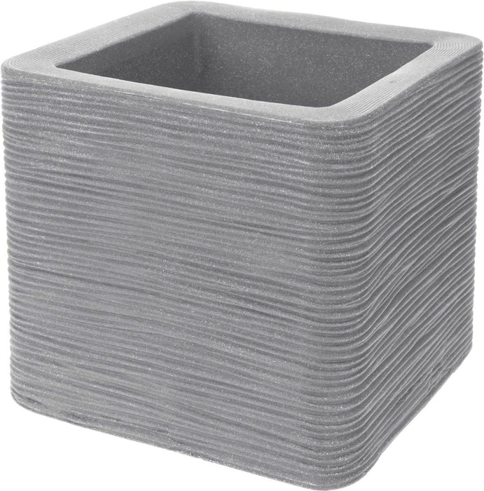 Large Cube Planter Ribbed Light Grey Plant Pot Square. 39cm Wide Double Walled