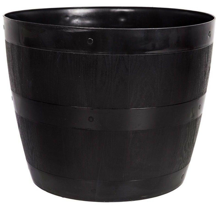 Medium Barrel Tub Planter. Wood Effect Black Plastic Flower Plant Pot 30 Litre