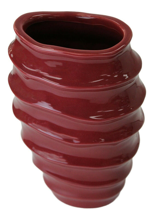 Red Ceramic Vase Oval Decorative Table Flower Vase Ornament Rippled Design 23cm