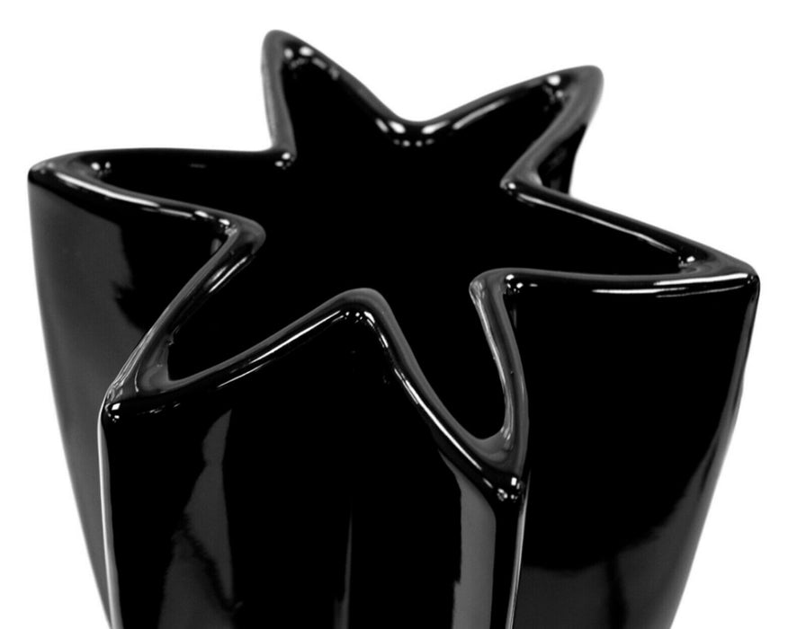 Star Shaped Flower Vase - Black Glossy Ceramic Unique Decorative Table Ornament