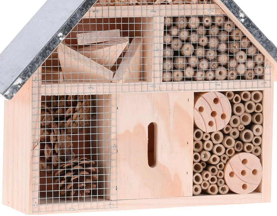 28cm Wooden Insect Hotel for Garden with Metal Roof Nesting Shelter for Wildlife