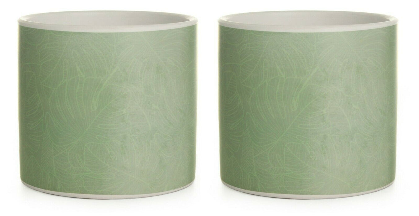 Set of 2 Green Ceramic Flower Pots 14cm Round Windowsill Plant Pot Floral Design