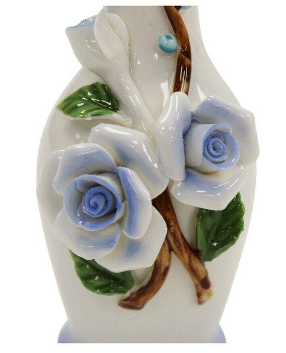 14cm Ceramic Bud Vase - White & Blue 3D Flower Design Thin Bottle Neck Ornament