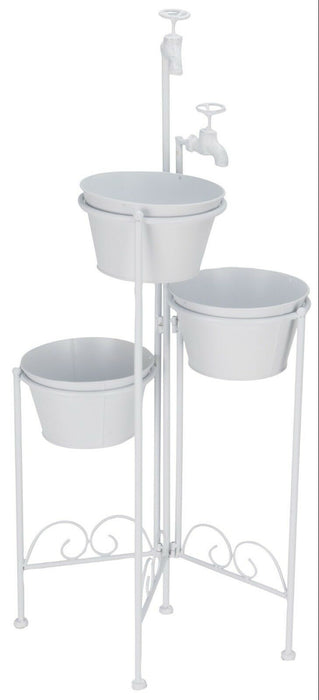 Set of 3 White Flower Pots On Stand With Rustic Taps Floor Standing Plant Pots