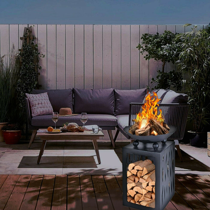 Modern Outdoor Fire Pit Large Raised Fire Bowl Raised With Log Store 65cm Tall