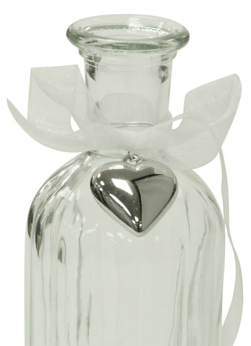 19cm Clear Glass Bottle Neck Bud Vase With Ribbon Silver Heart Glass Flower Vase