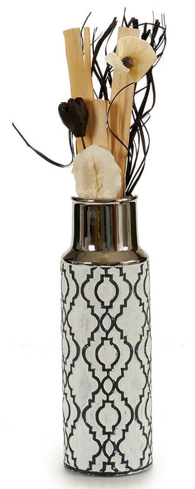 30cm Bottle Shaped Ceramic White & Silver Decorative Flower Vase Ethnic Design