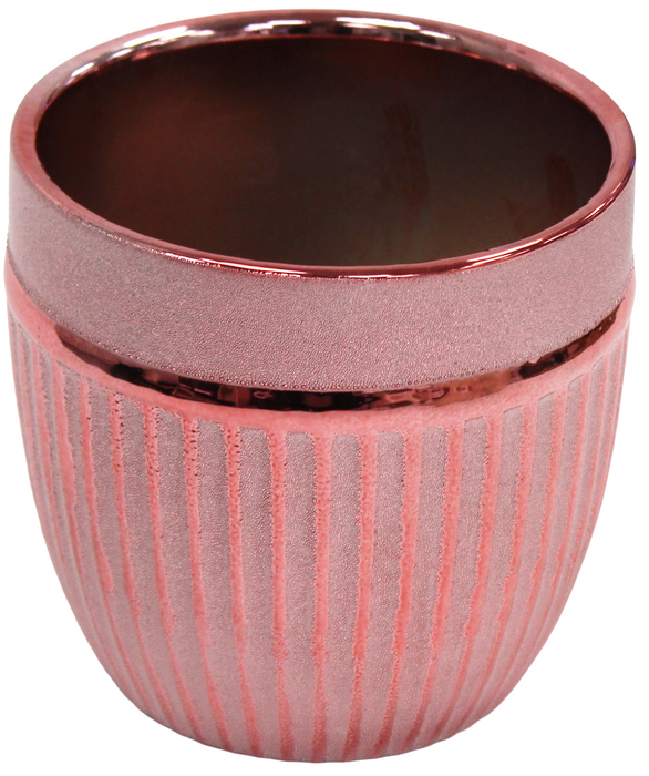 Round Shiny Pink Plant Pot Smart Ceramic Striped Planter Medium Flower Pot