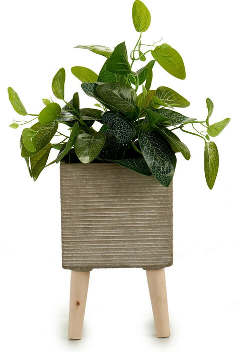 Small Concrete Raised Plant Pot Planters On Stand With Wooden Feet Rippled Grey