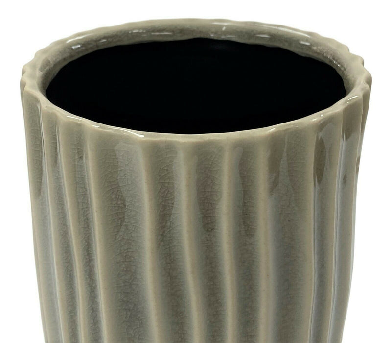 27.5cm Ceramic Vase - Beige Grooved Crackled Design Decorative Table Flower Vase