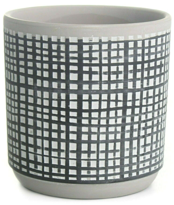 14cm Ceramic Flower Pot Round Planter Pot White & Black Criss-cross Pattern