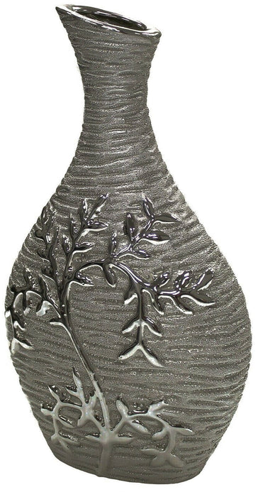 26cm Tall Ceramic Gunmetal Flower Vase Mirrored Floral Design Bottle Shape Vase