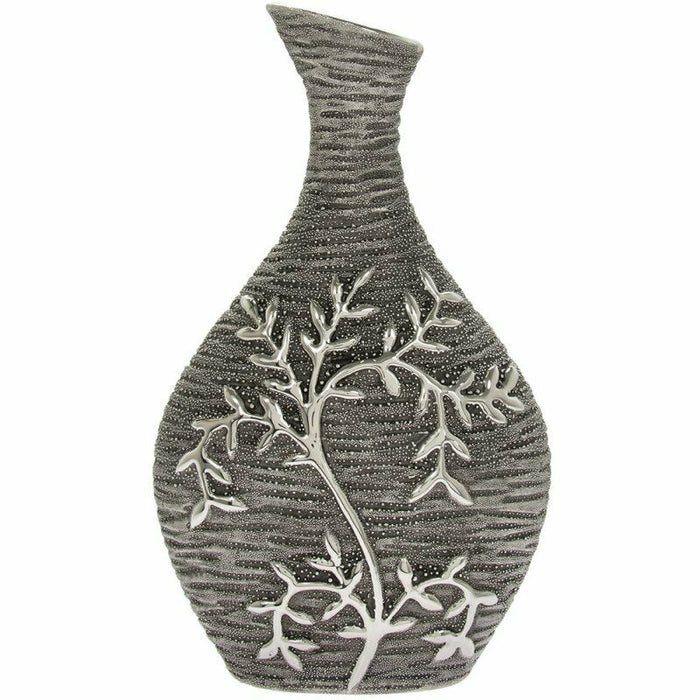 26cm Tall Ceramic Gunmetal Flower Vase Mirrored Floral Design Bottle Shape Vase