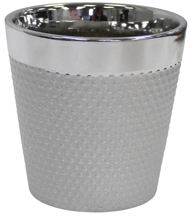 Round Shiny Silver Plant Pot Smart Ceramic Rippled Planter Medium Flower Pot