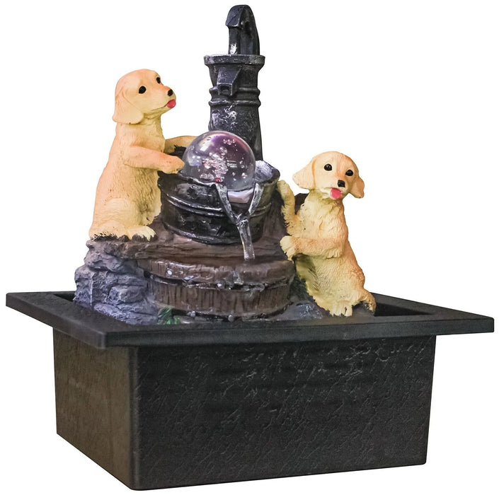 Indoor Water Fountain LED Light Up Waterfall Puppies Water Feature Sculpture