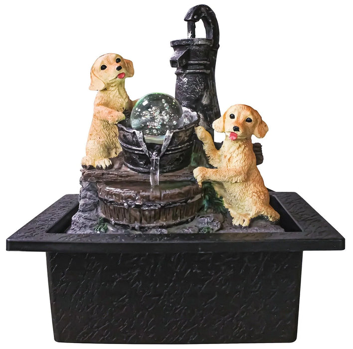 Indoor Water Fountain LED Light Up Waterfall Puppies Water Feature Sculpture