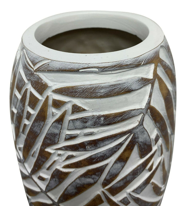 Ceramic Flower Vase 37cm Floral Leaf Design White & Brown Decorative Flower Vase